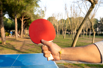 Hand held ping pong racket, blue ping pong table, inside the park, outside