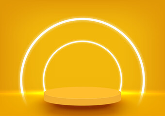 Stage podium with neon lighting for product display on yellow background. Summer background. Minimal style. Vector illustration.