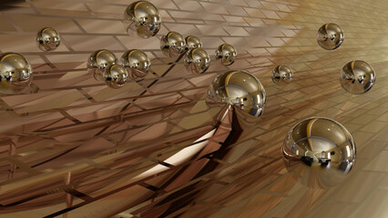 Glitter gold globes are gliding along a gold tile curve wall of drainage (3D Rendering)