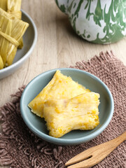 Lepet Jagung is a traditional Indonesian snack that is often found in Central Java, Indonesia, made from corn and grated coconut and wrapped in corn husks and steamed.
