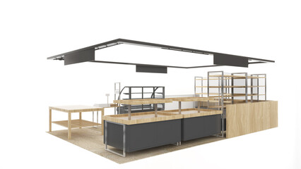 mock up shop,bakery shop counter model wooden candy box,isolated on white background,3d rendering