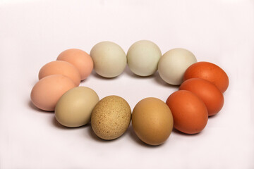 Just in time for Easter, twelve multi colored eggs arranged in a circle on an all white background.