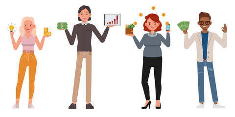 Set of successful business people with money character vector design. Presentation in various action. People working in office planning, financial and economic analysis.