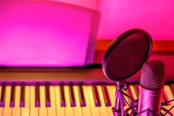 Close up of microphone and piano in vivid pink lighting