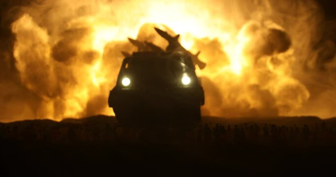 Creative artwork decoration - Russian war in Ukraine concept. Crowd looking on giant explosion rocket launcher. Selective focus