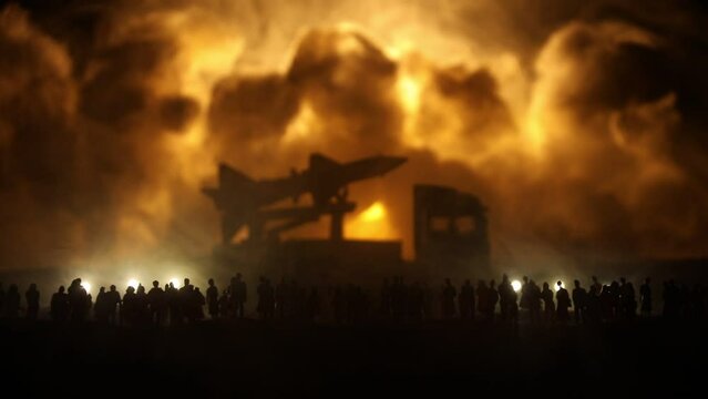 Creative artwork decoration - Russian war in Ukraine concept. Crowd looking on giant explosion rocket launcher. Selective focus