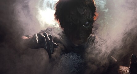 scary sorcerer in smoke. voodoo rite