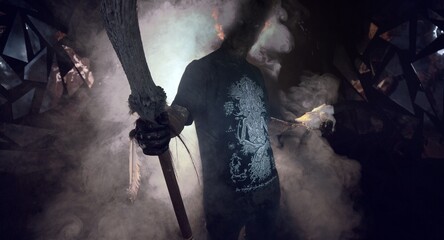 scary sorcerer in smoke. voodoo rite