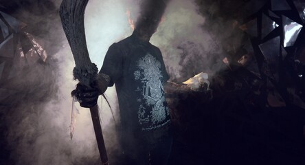 scary sorcerer in smoke. voodoo rite