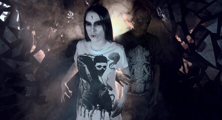 sorcerers stands in smoke. voodoo rite