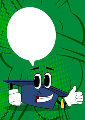 Graduation cap making thumbs up sign. Education, learning concept with funny hat cartoon character.