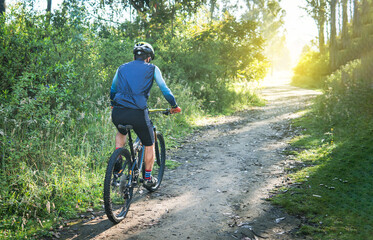 Naklejka premium Male bicyclist riding his mountain bike up a mountain trail
