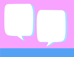 Two white speech bubbles with a pink background and blue floor. 
