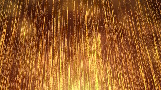 Gold particle streaks rising is a spectacular motion graphics background. Golden random particle stripes continue to rise, luxury particle light, awards ceremony, stage performance background video.