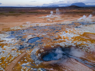 Beautiful aerial view of Namaskard Boiling mud geothermal volcano area in Iceland