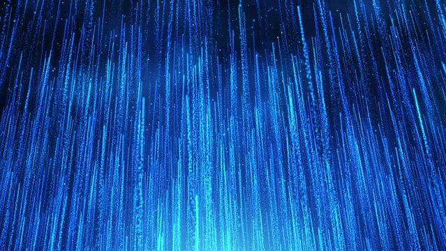Blue shiny particle streaks rising is a spectacular motion graphics background. Blue random particle stripes continue to rise, beautiful blue particle light, evening stage screen background video.