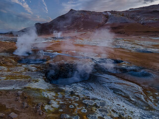 Beautiful aerial view of Namaskard Boiling mud geothermal volcano area in Iceland