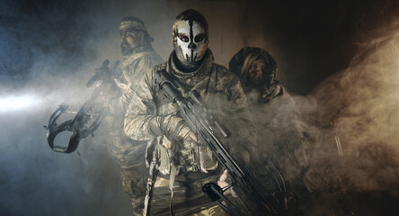 Fototapeta premium apocalypse fighters. a girl with a bow and a guy with crossbows.