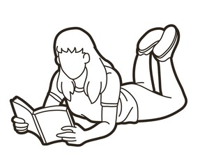 A Woman Laying Down and Reading Book People Learning Cartoon Graphic Vector