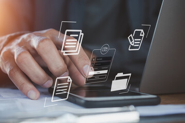 Computer login  businessman working laptop computer on virtual screen, documents with checkbox lists