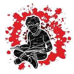 A Boy Sitting and Reading Book Child Learning Cartoon Graphic Vector