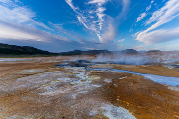 Beautiful aerial view of Namaskard Boiling mud geothermal volcano area in Iceland
