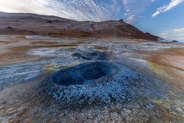 Beautiful aerial view of Namaskard Boiling mud geothermal volcano area in Iceland