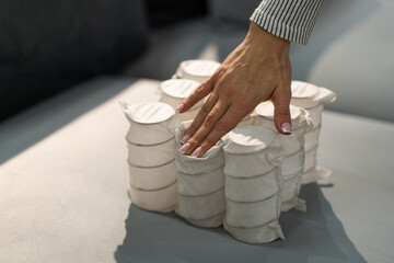 Independent spring blocks packed in spunbond. Bonding layers of springs. Furniture manufacture. Industrial and business concept. The concept of filling a mattress.