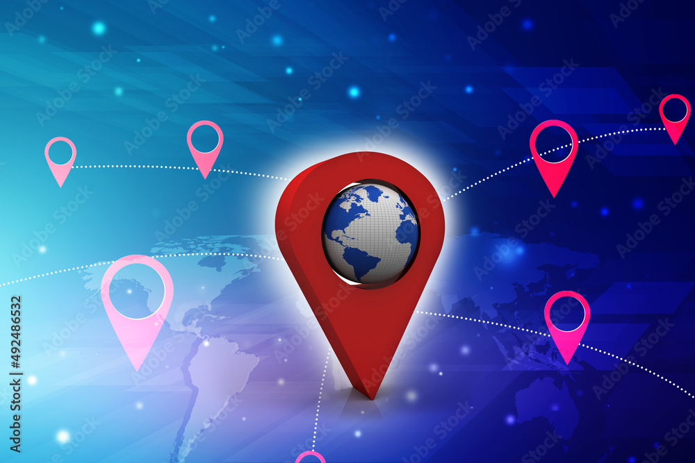 Poster 3d rendering red map pointer with world map