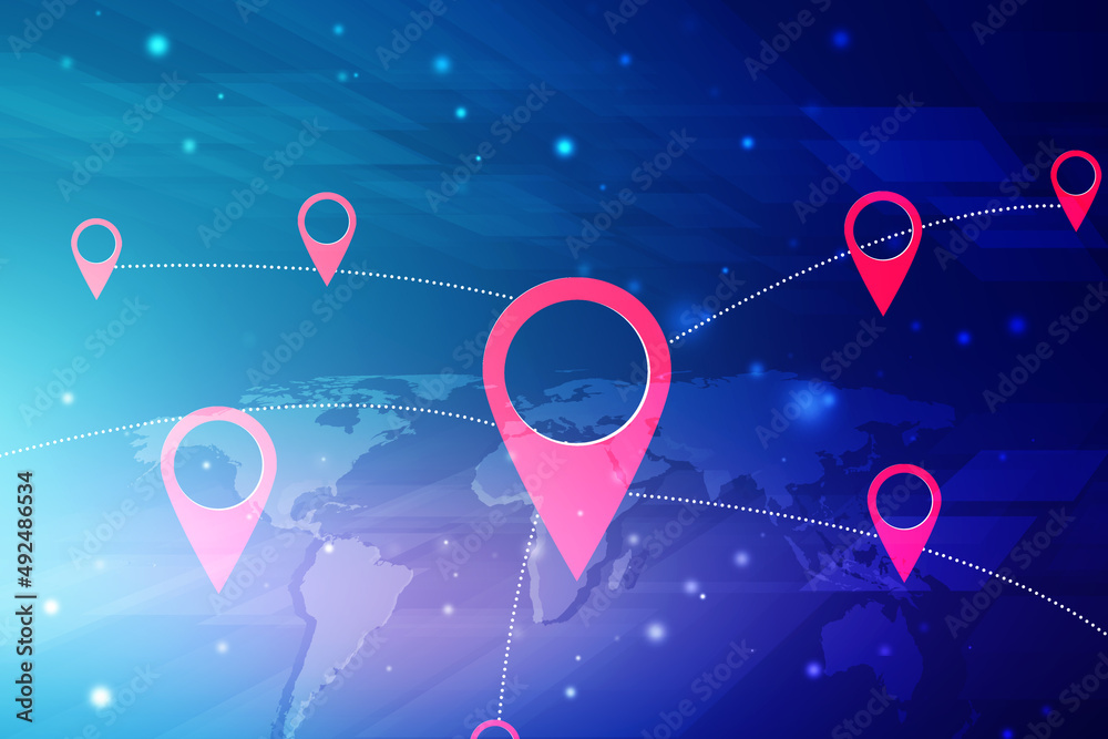 Poster 2d rendering red map pointer with world map