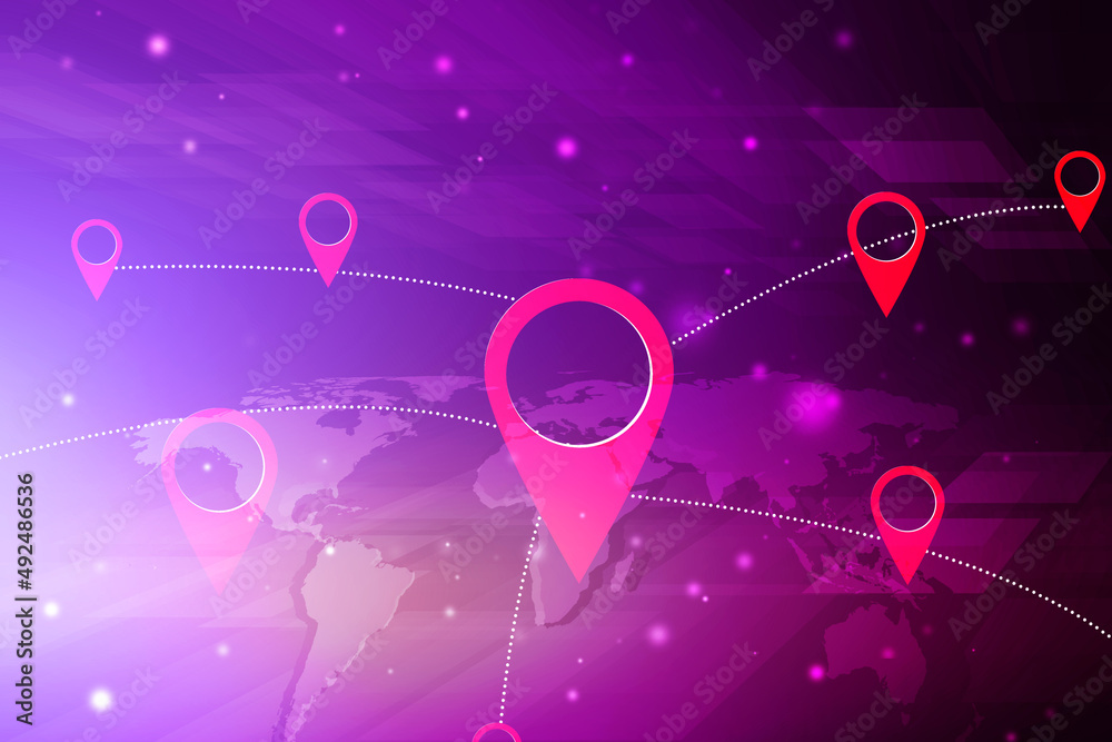 Poster 2d rendering red map pointer with world map
