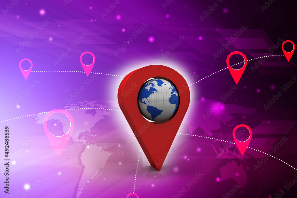 Poster 3d rendering red map pointer with world map
