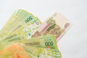 Russian ruble banknote. The fall of the ruble. Collapse of the ruble.