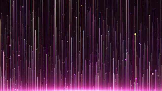 Colorful light rays streaming is a spectacular motion graphics background. Elegant multicolored particle light stripes continue to rise, beautiful dreamy wedding background, show party stage screen.