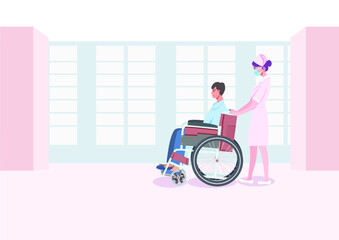 Female nurses push illustrations in wheelchairs with young male patients