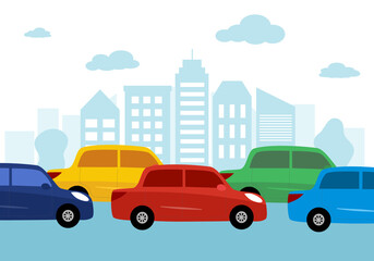 Car traffic jam on street in flat design vector illustration. 