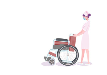 Female nurse pushing wheelchair illustration