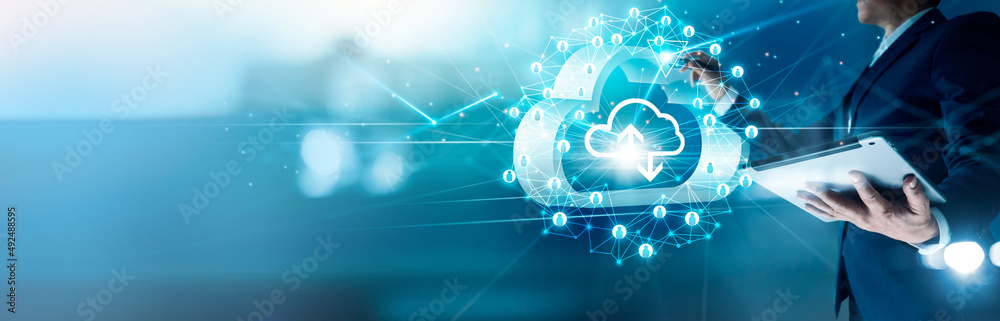 Aufkleber Businessman drawing structure customer global network on cloud computing and data exchanges connection on blue background