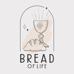 Euharist cup and bread line illustration with John 6:35 Bread of life bible verse text. 