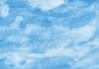 Blue watercolor background, texture paint splash in abstract sky and cloud design with fringe bleed wash and bloom design, blobs of paint and old vintage watercolor paper texture grain