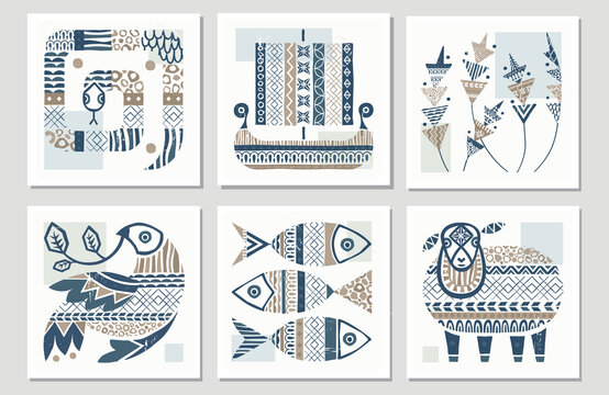Vector contemporary folk  illustration set in scandinavian hygge stile. Perfect print for cozy home and restorant decor,nordic, fairy tale, viking culture designs. Good as interior poster.