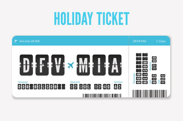Airplane Flight ticket design with passenger name, date and destination isolated on white