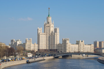 Fototapeta na wymiar View of the high-rise Stalinist building on Kotelnicheskaya embankment on a sunny April day, Moscow