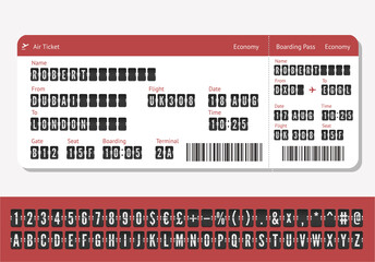 Airplane ticket mockup with scoreboard alphabet isolated on white background. Flight card with boarding pass vector illustration