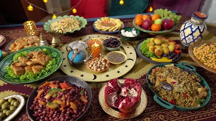 Ramadan iftars marks the end of fasting. Table with dates, Oriental food and sweets. Eid mubarak. Traditional Middle Eastern cuisine, evening meal