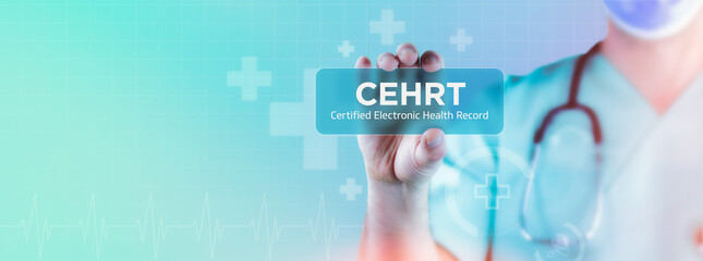 CEHRT (Certified Electronic Health Record). Doctor holds virtual card in his hand. Medicine digital
