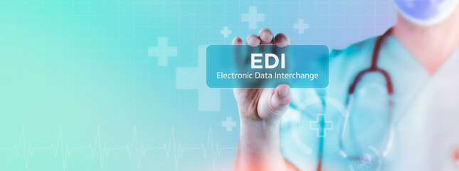 EDI (Electronic Data Interchange). Doctor holds virtual card in his hand. Medicine digital