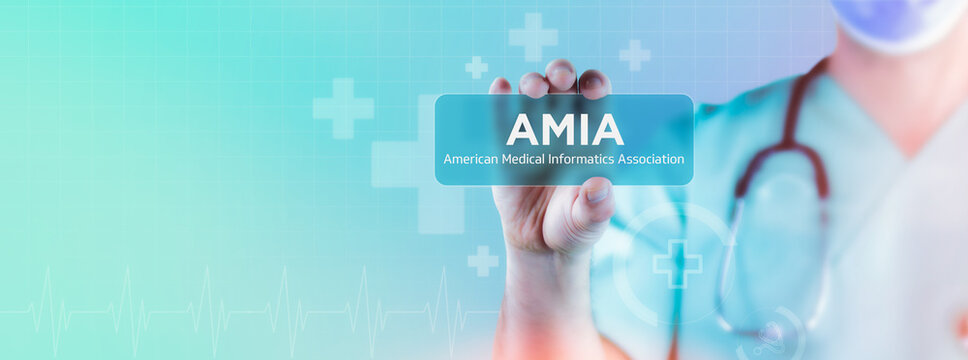 AMIA (American Medical Informatics Association). Doctor holds virtual card in his hand. Medicine digital