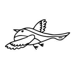 Hand-drawn black vector illustration of one sparrow bird is flying on a white background for coloring book