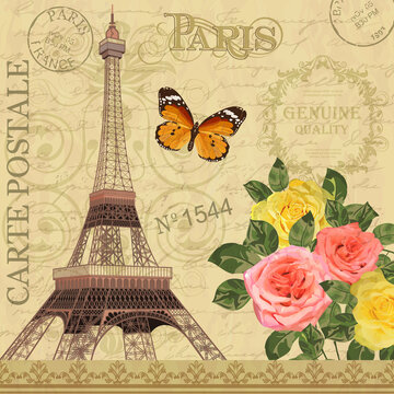 Paris vintage postcard with Eiffel Tower and roses on retro background. 